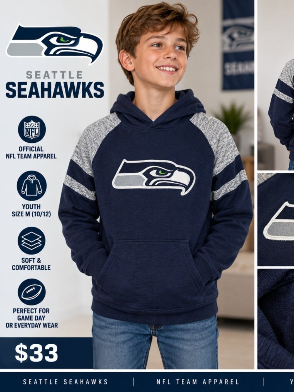 🏈 SEATTLE SEAHAWKS YOUTH HOODIE – SIZE M (10/12) – $33